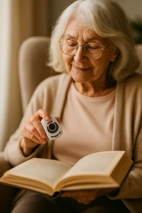 Idosa utilizando um botão de SOS iLinq SEP G4